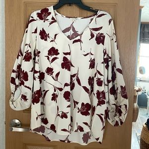 JODIFL Cream Blouse with Burgundy Floral Motif